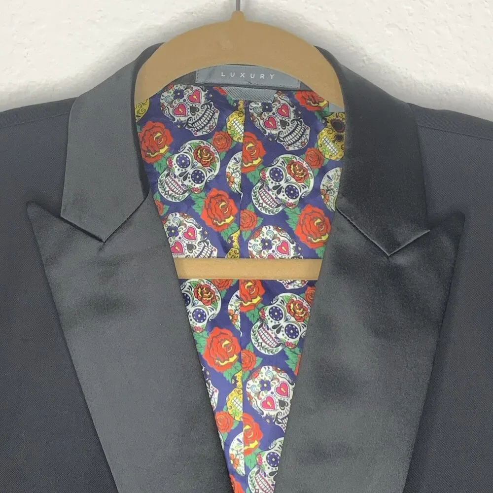 Indochino Black Wool Cashmere Tuxedo Blazer Skull Lined Goth 44R Custom Fit NWT
